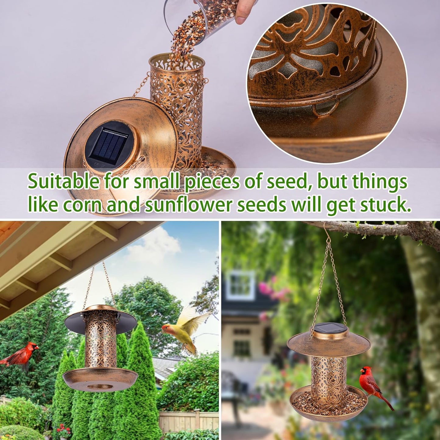Solar Bird Feeder Outdoor Hanging Garden Lantern Metal Squirrel Proof
