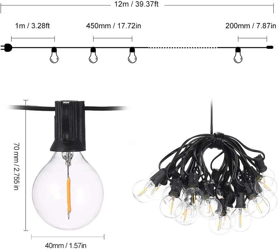 Outdoor String Lights, 40ft long patio string lights with 25 suspended sockets